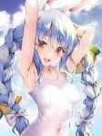  1girl :d animal_ear_fluff animal_ears armpits arms_up bangs bare_shoulders blue_hair blue_sky blush braid breasts casual_one-piece_swimsuit covered_navel day eyebrows_visible_through_hair gradient_eyes hololive kubota_masaki looking_at_viewer multicolored multicolored_eyes multicolored_hair one-piece_swimsuit open_mouth orange_eyes outdoors rabbit_ears round_teeth sky small_breasts smile swimsuit teeth thick_eyebrows twin_braids two-tone_hair upper_teeth usada_pekora violet_eyes virtual_youtuber white_hair white_swimsuit 