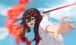  1girl :d bangs bent_over black_hair blurry commentary_request depth_of_field eyebrows_visible_through_hair figure flower genshin_impact hair_between_eyes hair_flower hair_ornament highres holding holding_polearm holding_spear holding_weapon hu_tao_(genshin_impact) ldd.ek long_hair looking_at_viewer open_mouth oversized_clothes polearm red_eyes shirt short_sleeves sidelocks smile solo spear staff_of_homa_(genshin_impact) symbol-shaped_pupils t-shirt weapon white_shirt younger 