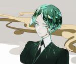  1other androgynous bangs commentary_request crying crying_with_eyes_open crystal_hair dasssv gem_uniform_(houseki_no_kuni) green_eyes green_hair highres houseki_no_kuni looking_at_viewer necktie parted_bangs phosphophyllite short_hair solo tears 