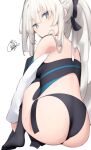  1girl ass bangs beni_shake black_bow black_legwear black_leotard bow braid closed_mouth commentary_request eyebrows_visible_through_hair fate/grand_order fate_(series) from_behind grey_eyes hair_between_eyes hair_bow hugging_own_legs knees_up leotard long_hair looking_at_viewer looking_back morgan_le_fay_(fate) no_shoes ponytail signature simple_background sitting solo thigh-highs very_long_hair white_background white_hair 