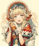  1girl :d bangs blush bonnet bottle brown_background brown_hair commentary_request dress eyebrows_visible_through_hair green_eyes hands_up highres holding holding_bottle kikugetsu open_mouth original puffy_short_sleeves puffy_sleeves red_dress short_sleeves smile solo upper_body upper_teeth 