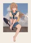  1girl absurdres bangs barefoot blonde_hair blue_eyes blue_neckwear blue_sailor_collar blue_skirt closed_mouth clouds day eyebrows_visible_through_hair hair_between_eyes highres kantai_collection kkkhosuke long_hair neckerchief outdoors pleated_skirt prosthesis prosthetic_leg sailor_collar school_uniform serafuku shimakaze_(kancolle) short_sleeves sitting skirt sky solo 