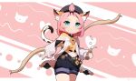  1girl absurdres animal_ear_fluff animal_ears blush bow_(weapon) cat_ears cat_tail diona_(genshin_impact) drink eyelashes genshin_impact green_eyes hat highres holding holding_drink kuroeo-art looking_at_viewer midriff navel pink_hair shorts smile tail tied_hair weapon 