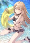  1girl beach blush breasts girls_frontline highres kneeling light_brown_eyes light_brown_hair lips long_hair navel official_alternate_costume partially_submerged ppk_(girls_frontline) sakana-ko small_breasts smile very_long_hair 