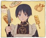  1boy apron bangs black_hair blue_eyes chinikuniku chocolate cream emblem food fruit genshin_impact hair_intakes holding holding_knife knife leaf looking_at_object mushroom pancake parted_lips pizza sauce scaramouche_(genshin_impact) shrimp shrimp_tempura solo strawberry tempura wide-eyed 