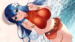  1girl bangs belt blue_eyes blue_hair blush bracelet breasts caeda_(fire_emblem) cait_aron crossed_bangs fire_emblem fire_emblem_heroes flower hair_flower hair_ornament hands_up highres jewelry large_breasts long_hair looking_at_viewer lying midriff navel on_back outdoors parted_lips red_skirt see-through skirt solo thighlet water 