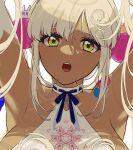  1girl armpits arms_up bangs bare_shoulders blonde_hair blue_neckwear blue_ribbon breasts close-up dark-skinned_female dark_skin dress earrings elbow_gloves eyelashes fangs gloves hololive hololive_english jewelry large_breasts long_hair looking_at_viewer mamaloni neck_ribbon open_mouth parted_bangs planet_hair_ornament portrait ribbon simple_background single_earring solo tsukumo_sana twintails virtual_youtuber white_background white_dress white_gloves yellow_eyes 