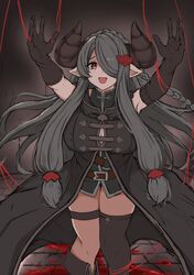  alternate_color alternate_eye_color alternate_hair_color asymmetrical_gloves black_footwear black_gloves black_legwear bottomless braid breasts demon_horns draph elbow_gloves gloves granblue_fantasy hair_ornament hair_over_one_eye highres horns kurakura_s3 large_breasts long_hair low_tied_hair narmaya_(granblue_fantasy) pointy_ears single_braid single_thighhigh sleeveless thigh-highs thigh_strap uneven_gloves 