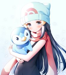  1girl animal_ears animal_hat bare_arms bare_shoulders beanie black_dress black_hair blush closed_mouth hikari_(pokemon) dress fake_animal_ears gen_4_pokemon grey_eyes hair_ornament hairclip hat hug long_hair looking_at_viewer murano piplup pokemon pokemon_(creature) pokemon_(game) pokemon_dppt red_scarf scarf sleeveless sleeveless_dress smile very_long_hair white_headwear 