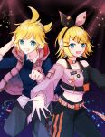  1boy 1girl bangs belt black_background black_pants black_shirt blonde_hair blue_eyes blue_shirt bow collar commentary cowboy_shot crop_top grin hair_bow hair_ornament hairclip hand_on_headphones headphones headset kagamine_len kagamine_rin leg_up looking_at_viewer midriff navel outstretched_arms pants project_sekai shirt short_hair short_ponytail smile spiky_hair standing swept_bangs two-tone_bow two-tone_shirt vest vocaloid yukara_(loiroio) 