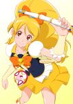  1girl black_vest blonde_hair blush boots bow closed_mouth cure_honey floating_hair fuchi_(nightmare) gradient gradient_background hair_bow happinesscharge_precure! head_tilt high_ponytail highres holding long_hair looking_at_viewer miniskirt orange_bow orange_neckwear precure shiny shiny_hair shiny_skin short_sleeves skirt smile solo standing very_long_hair vest white_background white_footwear yellow_background yellow_eyes yellow_skirt yellow_sleeves 