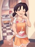  1girl absurdres apron birthday black_hair blender blue_eyes blush cake candle casual checkered checkered_floor cherry collarbone commentary commission cooking cowboy_shot english_text food food_on_face fruit girls_und_panzer heart highres indoors kitchen looking_at_viewer nico_jiang nina_(girls_und_panzer) one_eye_closed oven sack shadow short_hair short_twintails shorts shorts_rolled_up solo sweatdrop twintails wooden_floor 