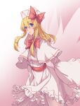  1girl absurdres blonde_hair blue_eyes bow breasts cape cowboy_shot dress fairy_wings frilled_dress frills gradient gradient_background hat hat_bow highres light_smile lily_white lips long_hair long_sleeves looking_at_viewer pantyhose pink_background pink_bow robe sash sidelocks small_breasts solo stank thighs touhou white_legwear wide_sleeves wings 