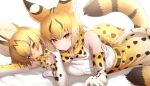  2girls :3 animal_ear_fluff animal_ears bangs bare_shoulders belt blonde_hair bow bowtie deku_suke elbow_gloves elbow_rest extra_ears extra_serval_(kemono_friends) eyebrows_visible_through_hair eyes_visible_through_hair fang fang_out gloves half-closed_eyes highres kemono_friends looking_at_viewer lying multiple_girls on_side on_stomach orange_eyes print_gloves print_neckwear print_skirt serval_(kemono_friends) serval_print shirt short_hair simple_background skirt sleeveless sleeveless_shirt smile tail tail_through_clothes white_background white_shirt yellow_eyes 