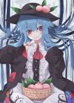 1girl absurdres adapted_costume ascot basket black_headwear blue_hair blush buttons closed_mouth collared_shirt eyebrows_visible_through_hair food fruit hat highres hinanawi_tenshi long_hair peach red_eyes red_neckwear shirt solo touhou tsune_(tune) white_shirt 