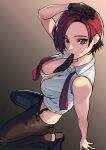  1girl absurdres bare_shoulders biting biting_clothes breasts gloves hand_on_own_head highres kagematsuri kneeling midriff necktie red_eyes redhead shirt shoes short_hair single_glove sleeveless sleeveless_shirt suspenders the_king_of_fighters unbuttoned unbuttoned_shirt untied vanessa_(kof) 