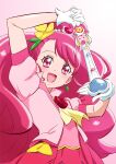  1girl :d arm_up bangs blush cure_grace eyebrows_visible_through_hair flower fuchi_(nightmare) gloves gradient gradient_background hair_flower hair_ornament healin&#039;_good_precure heart heart_hair_ornament highres holding jacket long_hair looking_at_viewer open_clothes open_jacket open_mouth pink_background pink_hair pink_jacket pink_shirt precure red_eyes red_flower red_rose red_skirt rose shiny shiny_hair shirt short_sleeves skirt smile solo standing swept_bangs tied_hair very_long_hair white_background white_gloves yellow_flower yellow_neckwear 