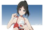  1girl bare_shoulders bikini bikini_top black_hair blue_eyes blush cherry closed_mouth collarbone cup food fruit hand_up hibike!_euphonium highres holding holding_cup holding_food ice_cream kasaki_nozomi knees_up liz_to_aoi_tori long_hair looking_at_viewer ponytail red_bikini sitting smile solo swimsuit tree_bowbow 