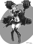  1girl anchor_hair_ornament attyon bangs boots breasts dated eyebrows_visible_through_hair full_body gloves greyscale hair_between_eyes hair_ornament hat highres holding kantai_collection large_breasts long_hair long_sleeves looking_at_viewer military military_uniform monochrome open_mouth peaked_cap pleated_skirt prinz_eugen_(kancolle) rigging signature simple_background skirt solo thigh-highs uniform 