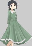  1girl arms_behind_back black_eyes black_hair bow chito_(shoujo_shuumatsu_ryokou) closed_mouth collared_dress commentary_request dress feet_out_of_frame green_bow green_dress grey_background hair_bow highres long_hair long_sleeves looking_at_viewer shoujo_shuumatsu_ryokou simple_background smile solo yoyohachi 