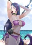  1girl armlet armpits arms_up bangs beach beads bikini breasts choker commentary_request cowboy_shot eyepatch_bikini fate/grand_order fate_(series) hair_between_eyes highres large_breasts licking licking_armpit long_hair looking_at_viewer low-tied_long_hair midriff minamoto_no_raikou_(fate) minamoto_no_raikou_(swimsuit_lancer)_(fate) navel okashizuru parted_bangs partial_commentary purple_bikini purple_hair side-tie_bikini solo standing strapless strapless_bikini swimsuit sword tongue tongue_out very_long_hair violet_eyes water weapon 
