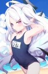  1girl adjusting_clothes adjusting_hair adjusting_swimsuit armpits blue_archive demon_horns flat_chest highres hina_(blue_archive) horns long_hair looking_at_viewer navel old_school_swimsuit one-piece_swimsuit school_swimsuit solo swimsuit tousaki_shiina violet_eyes white_hair wings 