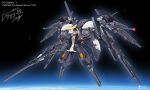  1girl advance_of_zeta an-chang armor character_name commentary_request dark_skin earth_(planet) full_body gun gundam halo headgear kehaar_ii looking_at_viewer mecha_musume planet platinum_blonde_hair rifle signature solo space star_(sky) tr-6_woundwort weapon 