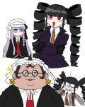  1boy 2girls angry bangs black_gloves black_hair blunt_bangs bonnet braid brown_hair celestia_ludenberg celestia_ludenberg_(cosplay) clenched_teeth commentary cosplay costume_switch dangan_ronpa:_trigger_happy_havoc dangan_ronpa_(series) drill_hair fat fat_man frills furukawa_(yomawari) glasses gloves grey_jacket hair_ornament hair_ribbon highres jacket kirigiri_kyouko kirigiri_kyouko_(cosplay) lolita_fashion long_hair long_sleeves looking_at_viewer multiple_girls necktie open_mouth purple_hair red_eyes red_neckwear ribbon school_uniform shirt short_hair simple_background skirt smile teeth twin_drills twintails violet_eyes yamada_hifumi yamada_hifumi_(cosplay) 