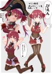  1girl absurdres bangs bare_shoulders blush dorianpanda eyebrows_visible_through_hair gloves hair_ribbon hat heterochromia highres hololive houshou_marine leotard looking_at_viewer navel open_mouth red_eyes redhead ribbon skirt smile thigh-highs translation_request twintails virtual_youtuber yellow_eyes 