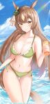  1girl absurdres animal_ears bad_anatomy bikini breasts brown_eyes brown_hair closed_mouth collarbone cup day drink eyebrows_visible_through_hair green_bikini highres holding holding_cup horse_ears horse_girl horse_tail large_breasts long_hair ocean satono_diamond_(umamusume) smile solo swimsuit tail teca_(ryeol) umamusume wet 