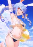  1girl ;d animal_ears arm_up armpits ball bikini blue_bikini blue_hair blue_sky bow braid breasts carrot_hair_ornament clouds food-themed_hair_ornament gawain_(artist) hair_bow hair_ornament highres holding holding_ball hololive long_hair looking_at_viewer multicolored_hair navel one_eye_closed open_mouth rabbit_ears red_eyes sky small_breasts smile solo swimsuit twin_braids two-tone_hair usada_pekora virtual_youtuber white_bow white_hair 
