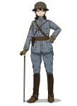  1girl anyan_(jooho) belt belt_pouch black_hair blue_jacket blue_pants boots brown_eyes brown_footwear brown_gloves brown_headwear cane full_body gloves hand_on_hip helmet highres jacket korean_commentary long_hair long_sleeves military military_uniform mixed-language_commentary original pants ponytail portuguese_army pouch smile smirk solo spurs standing uniform world_war_i 
