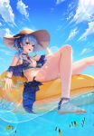  1girl absurdres ankle_strap bangs bead_bracelet beads bikini blue_bikini blue_eyes blue_hair blue_nails blue_ribbon blue_sky bow bracelet breasts choker clouds crown_(symbol) cryturtle day earrings eyebrows_visible_through_hair fish from_side hair_ribbon hat hat_bow highres hololive hoshimachi_suisei huge_filesize inflatable_raft innertube jewelry legs lens_flare lying nail_polish necklace ocean on_back open_mouth ribbon side_ponytail sky small_breasts smile solo splashing star_(symbol) star_choker star_earrings star_necklace sun_hat sunlight swimsuit upper_body virtual_youtuber water water_drop wet 