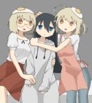  3girls annoyed apron bangs black_hair blonde_hair blouse blue_eyes blush closed_mouth commentary_request denim drawstring egg eyebrows_visible_through_hair feet_out_of_frame girl_sandwich glasses grey_background grey_hoodie hair_between_eyes hand_on_another&#039;s_arm hand_on_another&#039;s_hand highres hood hood_down hoodie hug jeans long_hair long_sleeves looking_at_viewer multiple_girls no_pupils open_mouth orange_eyes oversized_clothes pants pink_apron ponytail puffy_short_sleeves puffy_sleeves red_skirt sandwiched semi-rimless_eyewear shimeji_simulation shirt short_hair short_sleeves simple_background sitting skirt sleeves_past_wrists smile sweatdrop tsukushima_shijima under-rim_eyewear v-shaped_eyebrows white_blouse white_shirt yamashita_majime yamashita_majime&#039;s_mother yoyohachi 