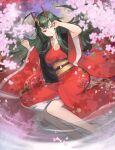  1girl absurdres ahoge bangs barefoot blurry blurry_foreground breasts closed_mouth commentary_request commission fingernails floral_print flower from_above full_body green_hair hair_between_eyes hands_up highres horns japanese_clothes kimono long_fingernails long_hair long_sleeves looking_at_viewer lying medium_breasts nail_polish obi on_side one_eye_closed oni oni_horns original petals pink_flower pixiv_request print_kimono red_eyes red_kimono red_nails rubbing_eyes sash sharp_fingernails solo taba_comya wide_sleeves 