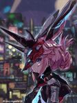  1girl absurdres animal_ears blurry blurry_background city city_lights cityscape closed_mouth fox_ears fox_mask hair_ornament highres honkai_(series) honkai_impact_3rd looking_at_viewer mask neon_lights nero_augustus26 night night_sky ninja outdoors pink_hair rain sky solo violet_eyes wet wet_clothes wet_hair yae_kasumi yae_sakura yae_sakura_(darkbolt_jonin) 