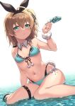  1girl amerika_juu_pan aqua_bikini aqua_bow aqua_eyes aqua_nails bare_arms bare_legs bare_shoulders bikini black_bow black_nails black_ribbon bow braid breasts brown_hair detached_collar food hair_bow hair_ribbon highres holding holding_food ice_cream long_hair looking_at_viewer nail_polish navel original pom_pom_(clothes) rabbit_tail ribbon sitting small_breasts solo swimsuit tail toenail_polish toenails twin_braids 