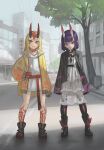  2girls :p blonde_hair boots casual city commentary contemporary english_commentary eyeshadow facial_mark fang fate/grand_order fate_(series) fingernails forehead_mark hand_on_hip highres horns ibaraki_douji_(fate) looking_at_viewer makeup multiple_girls oni oni_horns paintrfiend pink_eyes pointy_ears pose purple_hair red_eyeshadow sharp_fingernails sharp_toenails shuten_douji_(fate) skin-covered_horns skin_fang tattoo toenails tongue tongue_out yellow_eyes 