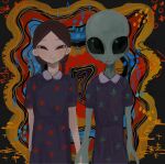  000v666 1girl 1other alien black_eyes blue_dress braid brown_hair closed_mouth colorful dress floral_print highres holding_hands looking_at_viewer multicolored multicolored_background original short_sleeves smile twin_braids upper_body 
