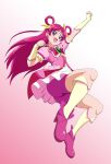 1girl :d arm_up bike_shorts bow cure_dream detached_sleeves earrings floating_hair fuchi_(nightmare) full_body gradient gradient_background hair_bow jewelry kneehighs long_hair miniskirt open_mouth pink_background pink_footwear pink_shirt precure purple_shorts redhead shiny shiny_hair shiny_skin shirt short_sleeves shorts shorts_under_skirt sketch skirt smile solo tied_hair very_long_hair violet_eyes white_background white_skirt yellow_bow yellow_legwear yellow_sleeves yes!_precure_5 yes!_precure_5_gogo! yumehara_nozomi 