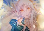  1girl caren_hortensia_(amor_caren) diadem fate/grand_order fate_(series) hand_on_own_face long_hair looking_at_viewer open_mouth orange_eyes translation_request white_hair 