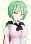  1girl adda alternate_breast_size antennae bangs black_cape blush breasts cape collared_shirt commentary eyebrows_visible_through_hair green_eyes green_hair highres large_breasts looking_at_viewer one-hour_drawing_challenge open_mouth red_cape shirt short_hair solo touhou triangle_mouth two-sided_cape two-sided_fabric upper_body white_shirt wriggle_nightbug 