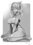  1girl attyon bangs blush breasts dated eyebrows_visible_through_hair greyscale hair_between_eyes highres kantai_collection kashima_(kancolle) large_breasts long_hair looking_at_viewer monochrome one-piece_swimsuit signature sitting smile solo swimsuit twintails wavy_hair wet 