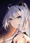 1girl 7t absurdres bangs bare_shoulders blue_eyes closed_mouth earrings eyebrows_visible_through_hair from_side hair_ornament highres honkai_(series) honkai_impact_3rd jewelry kiana_kaslana kiana_kaslana_(herrscher_of_flamescion) long_hair looking_at_viewer looking_to_the_side silver_hair smile solo upper_body 
