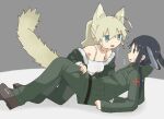  2girls :3 animal_ears black_eyes black_hair blonde_hair blue_eyes blush boots bra brown_footwear chito_(shoujo_shuumatsu_ryokou) collarbone commentary_request dog_ears dog_girl dog_tail eye_contact eyebrows_visible_through_hair green_jacket green_pants grey_background hand_on_another&#039;s_leg jacket long_hair long_sleeves looking_at_another military military_uniform multiple_girls no_pupils off_shoulder open_mouth pants partially_undressed ponytail profile rabbit_ears reclining shoujo_shuumatsu_ryokou sweatdrop tail translation_request underwear uniform white_bra yoyohachi yuri yuuri_(shoujo_shuumatsu_ryokou) 
