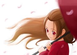  1girl blurry blurry_foreground blush brown_hair cherry_blossoms closed_mouth dokidoki!_precure floating_hair from_side fuchi_(nightmare) holding holding_umbrella japanese_clothes kimono long_hair looking_at_viewer madoka_aguri motion_blur precure red_eyes red_kimono red_umbrella smile solo umbrella upper_body very_long_hair white_background 