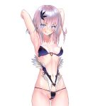  1girl :q armpits arms_behind_head ass_visible_through_thighs bikini blush breasts hair_between_eyes hair_ornament looking_at_viewer medium_hair navel original purple_bikini purple_hair silver_hair simple_background smile solo swimsuit takada_kazuhiro tongue tongue_out violet_eyes white_background 