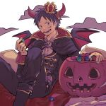 1boy :d bat_wings black_eyes black_hair candy cape crown fang food halloween_bucket halloween_costume highres horns jack-o&#039;-lantern monkey_d._luffy one_piece quana scar scar_on_face short_hair sitting smile solo wings 
