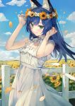  1girl animal_ears blue_hair blue_skirt blue_sky closed_mouth clouds copyright_request day dress eyebrows_visible_through_hair facial_mark field flower flower_field green_eyes hair_flower hair_ornament highres kobuta long_hair outdoors petals skirt sky sleeveless sleeveless_dress smile solo sunflower white_dress 