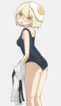  1girl bare_arms bare_legs blonde_hair blush commentary_request egg feet_out_of_frame from_side glasses grey_background highres looking_at_viewer looking_to_the_side no_pupils open_mouth school_uniform semi-rimless_eyewear shimeji_simulation shirt_removed short_hair shoulder_blades simple_background solo under-rim_eyewear undressing yamashita_majime yellow_eyes yoyohachi 